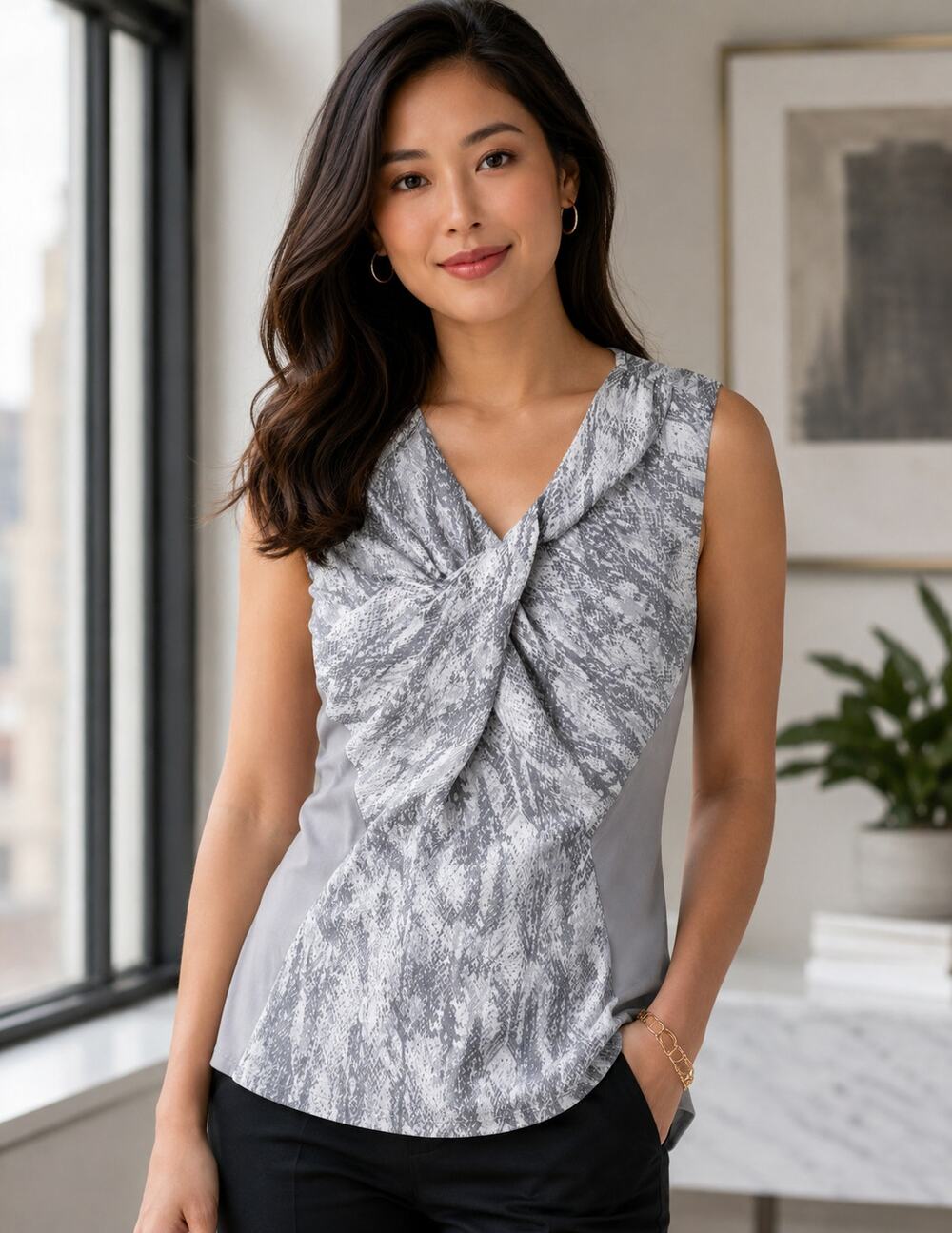 Alfani Chic Draped Snake Print Sleeveless Top Gray White XS NWT Elegant Blouse